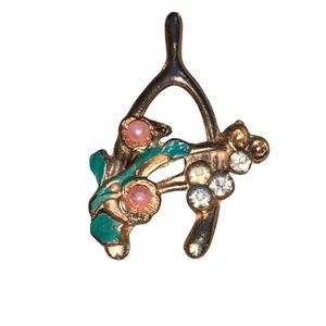 Gold Tone Wishbone Charm Brooch Pin‎ with Pink Flowers and Rhinestones